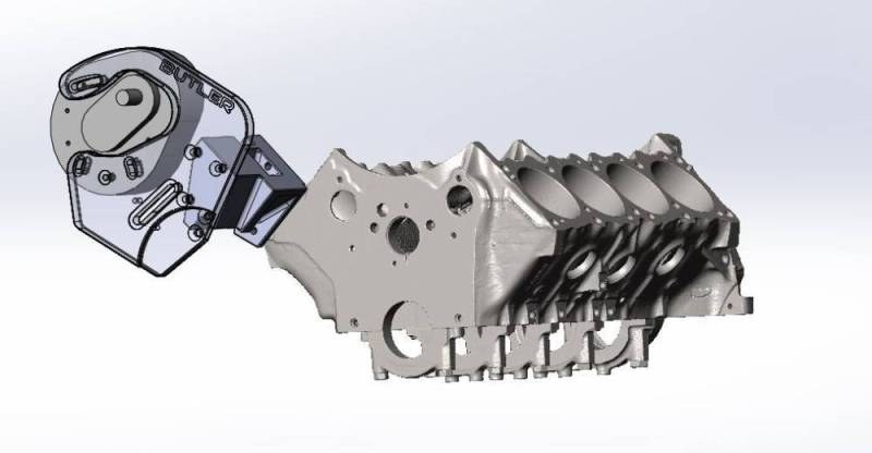 CAD model of the Butler ProCharger mount on a Pontiac block