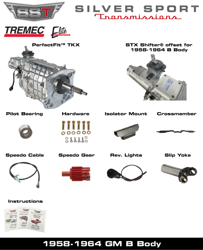 SST - 58-64 B-Body, SST Tremec Perfect-Fit 5 Speed TKX Transmission Kit, Manual to TKX