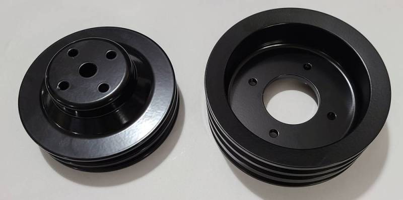 Butler Performance - 1968-70 3 Groove Crank and Water Pump Pulley Kit, also for 64-68 8 Bolt to 11 bolt Conversions, AC Applications, Black Finish