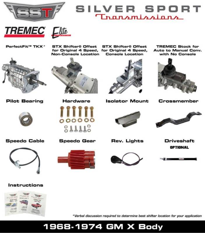 SST - 68-74 X-Body, SST Tremec Perfect-Fit 5 Speed TKX Transmission Kit, Manual to TKX