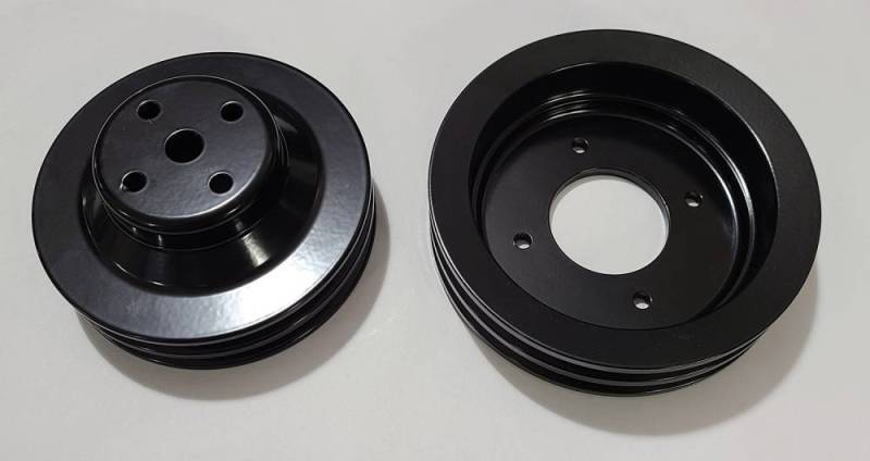Butler Performance - 1968-70 2 Groove Crank and Water Pump Pulley Kit, also for 64-68 8 Bolt to 11 bolt Conversions, Non AC, Black Finish