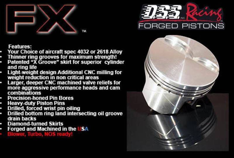 DSS Racing - DSS 1-FX Forged Piston and Ring Kit, Pontiac 400, 4.375" Str., 4.150" Bore, -7cc Flat Top, Set/8, DSS-K1-6140-4150